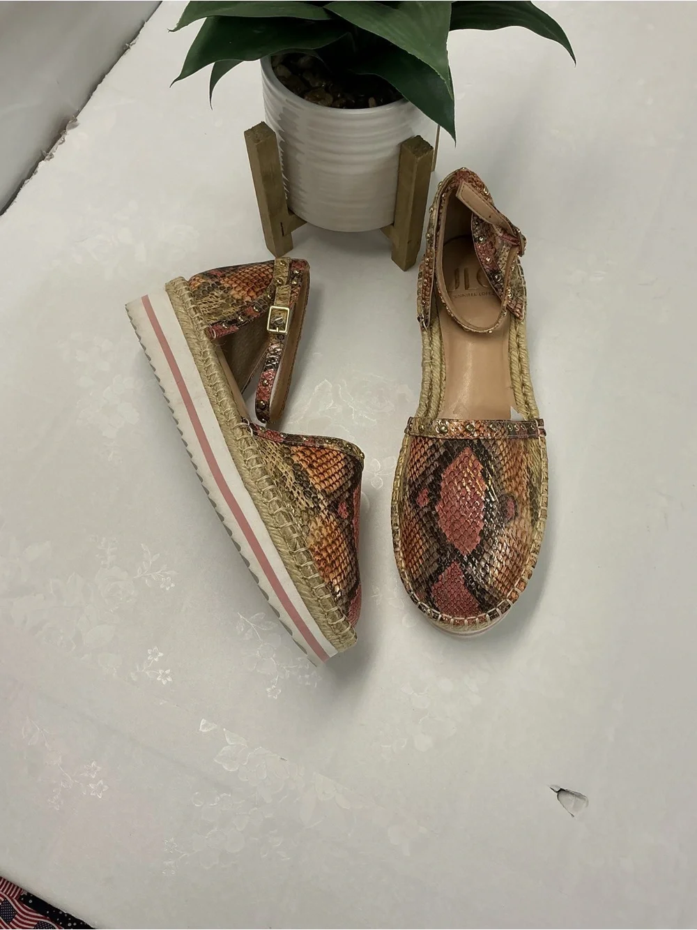 Woven Snake-Print Espadrille Flatform Sandal in Pink and Tan